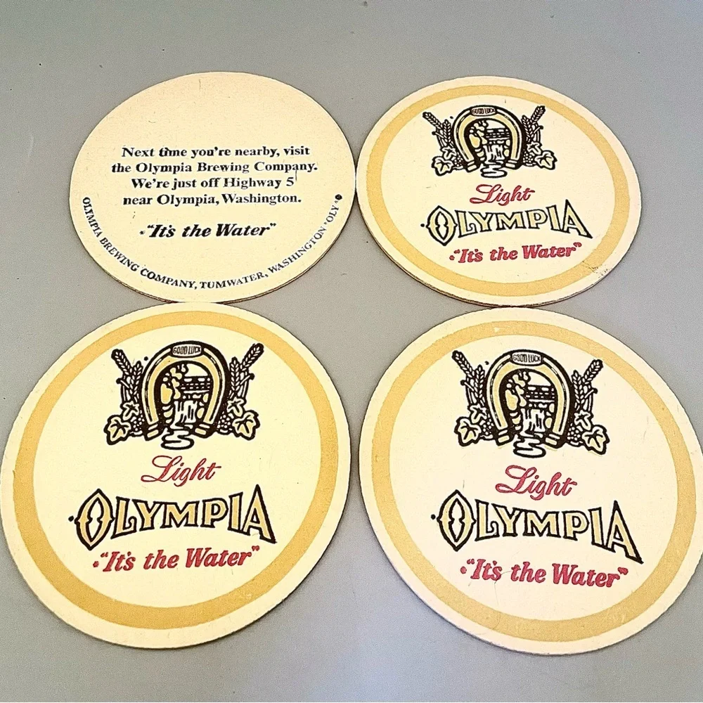 Set of 4 Vintage Light Olympia Beer Coasters Cardboard “It’s the Water” Brewery